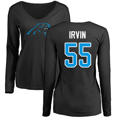 Carolina Panthers Black Women Bruce Irvin Name and Number Logo Slim Fit NFL Football #55 Long Sleeve T Shirt